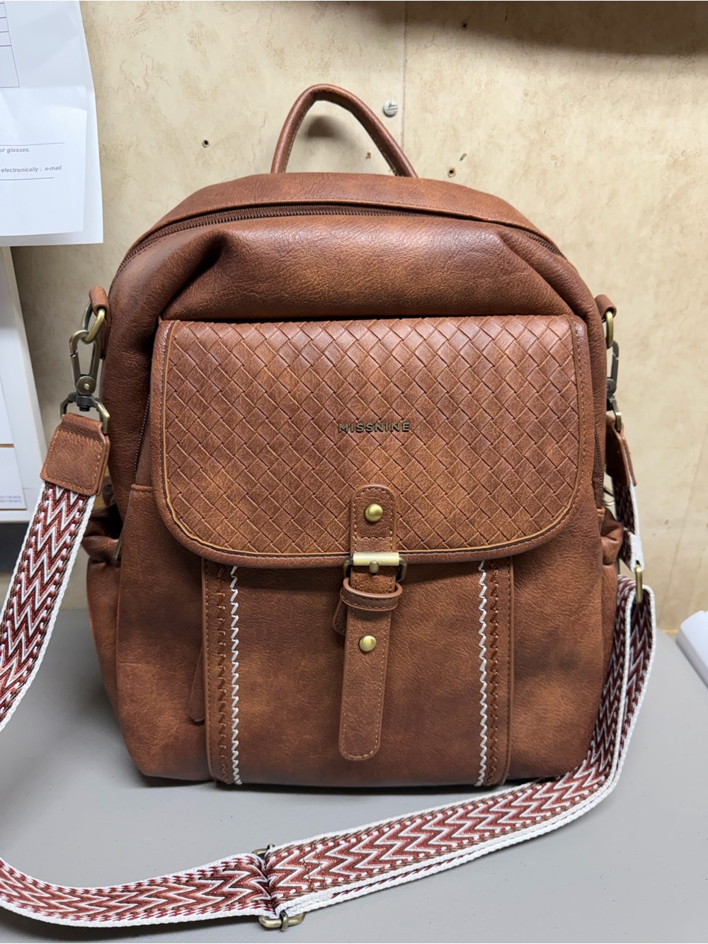 Tan Woven Front Women's Backpack